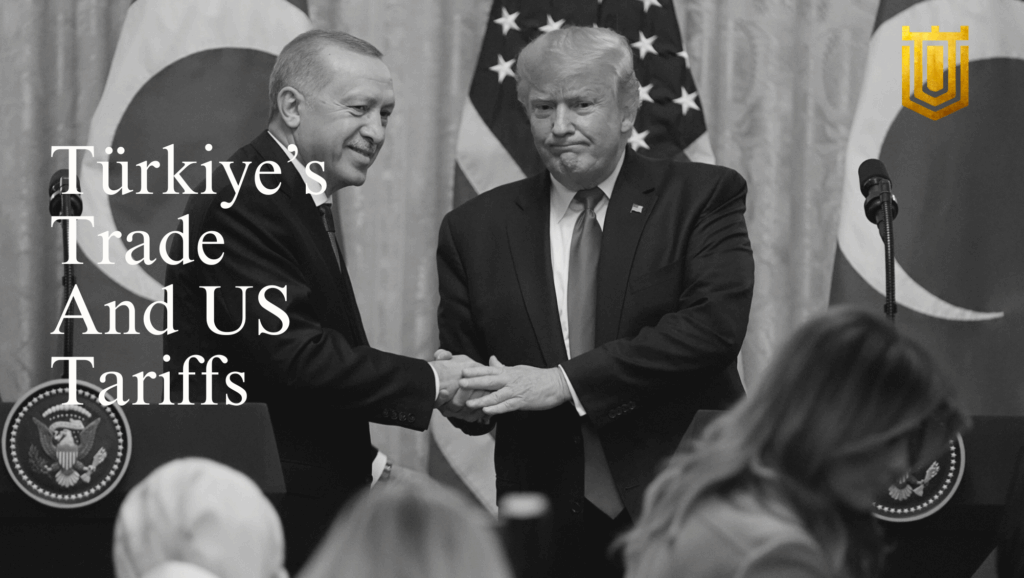 Grayscale photo of Presidents Erdogan and Trump in suits shaking hands in front of American and Turkish flags, with microphones and a crowd in the background. Overlay text: "Turkey's Trade And US Tariffs" in white, featuring a gold shield logo. Commentary by Nicholas Mugalli of World Trade Securities on tariff dynamics and international commerce.