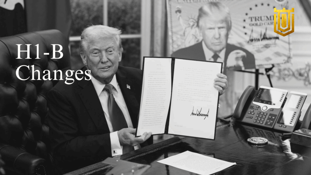 Black-and-white image of Donald Trump in a suit, holding a signed document at a wooden desk with phones and an American flag. Background features a large "Trump Gold Cap" poster with eagle motifs. Overlay text: "H1-B Changes" and gold shield emblem. Nicholas Mugalli from World Trade Securities offers analysis on immigration policy shifts and economic innovation.