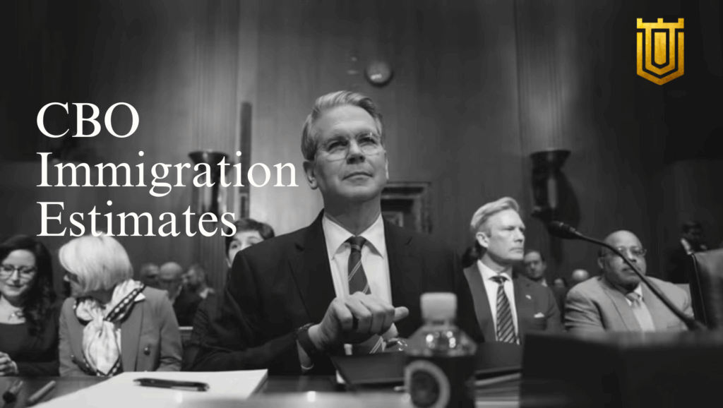 Black-and-white photo of CBO Director Phillip Swagel in a dark suit, gesturing during testimony at a congressional hearing with microphones and water bottles on the table. Surrounding officials in suits listen attentively in a wood-paneled room. Overlay text: "CBO Immigration Estimates" with a gold shield emblem. Nicholas Mugalli of World Trade Securities provides expert commentary on economic ripple effects.