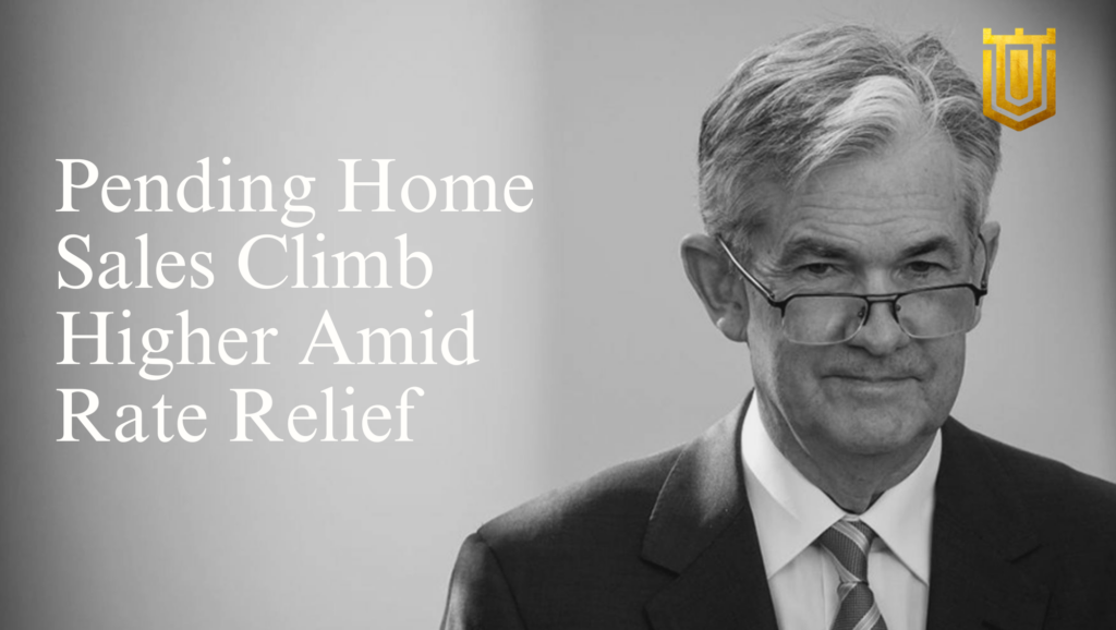 Jerome Powell looking over his glasses with text regarding pending home sales climbing higher, presented by Nicholas Mugalli.