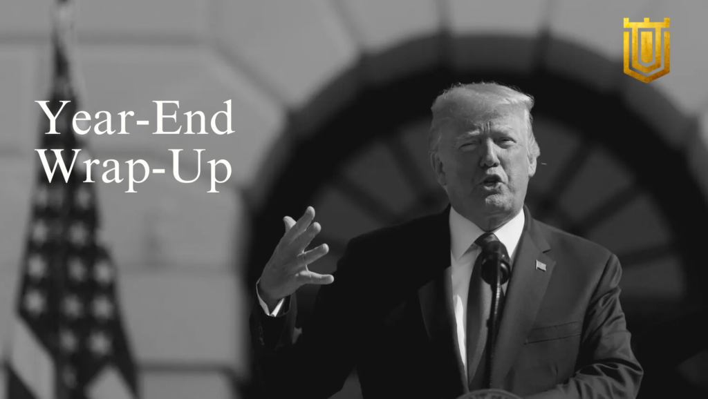 Donald Trump speaking at a podium with the American flag for a year-end wrap-up, shared by Nicholas Mugalli.